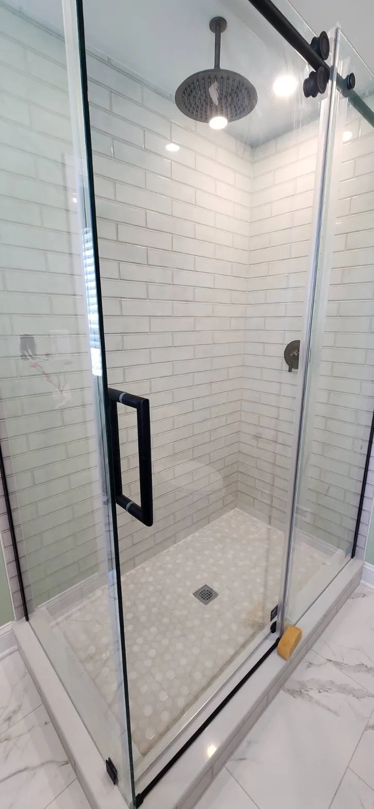 Shower door with black fixtures